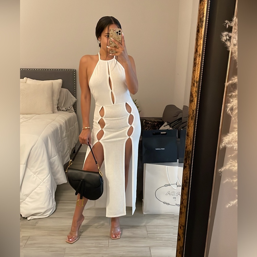 PrettyLittleThing Cream Textured Multi Cut Out Halterneck Midi Dress